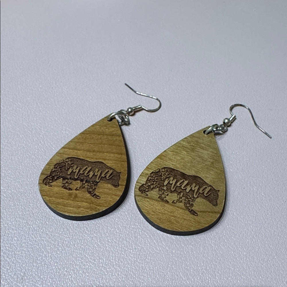 Mama Bear Wooden Teardrop Earrings